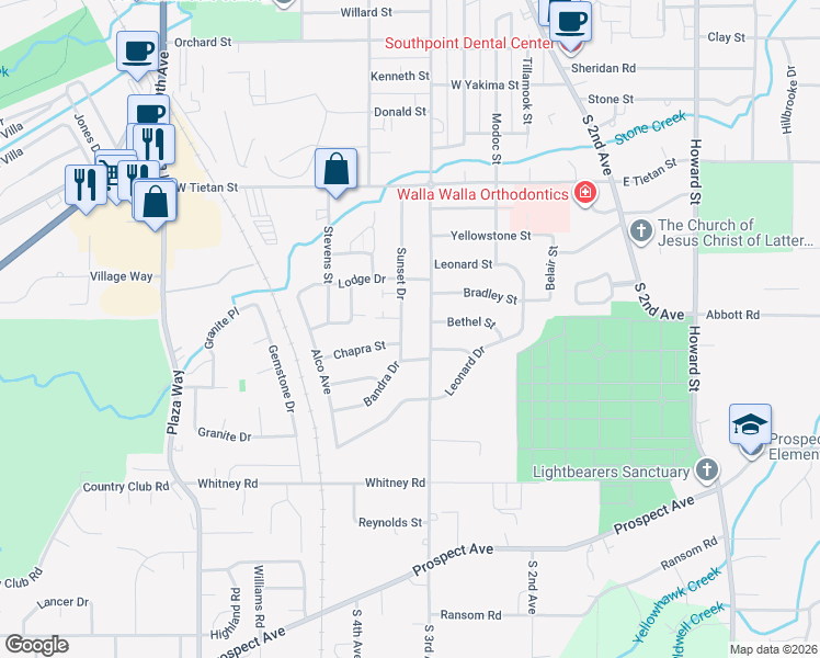 map of restaurants, bars, coffee shops, grocery stores, and more near 1915 Sunset Drive in Walla Walla