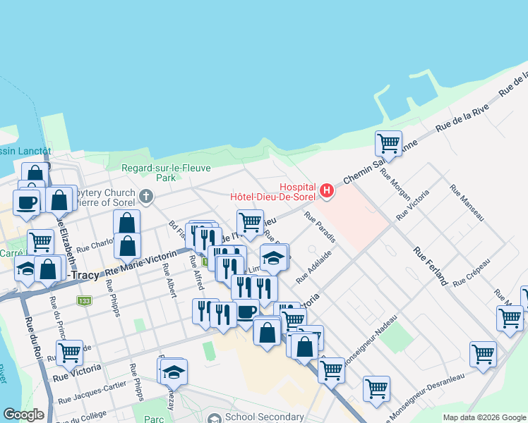 map of restaurants, bars, coffee shops, grocery stores, and more near 21 Rue Barthe in Sorel-Tracy
