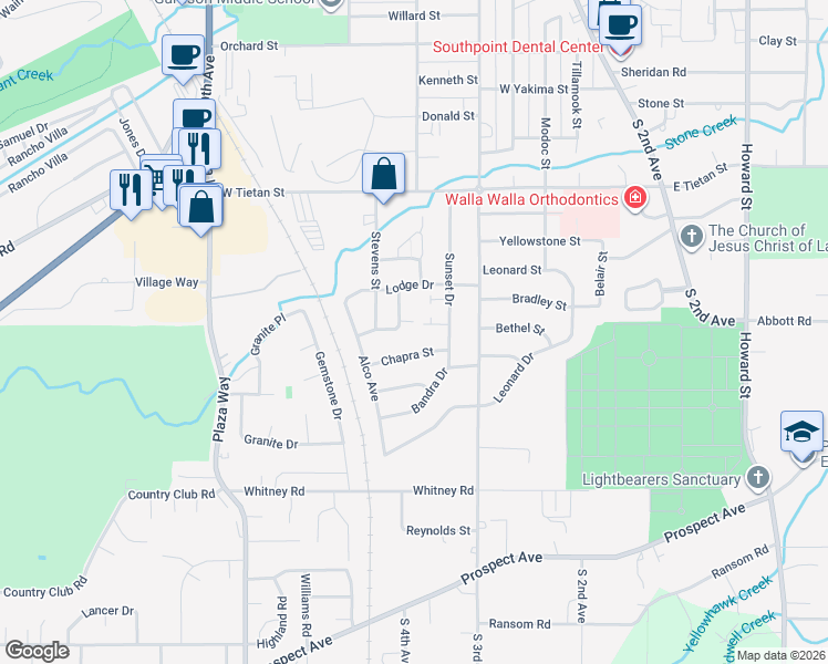 map of restaurants, bars, coffee shops, grocery stores, and more near 214 Marjorie Place in Walla Walla
