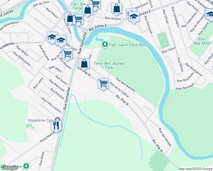 map of restaurants, bars, coffee shops, grocery stores, and more near 80 Avenue Pie X in Victoriaville