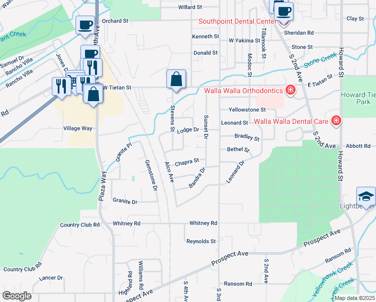 map of restaurants, bars, coffee shops, grocery stores, and more near 214 Marjorie Place in Walla Walla