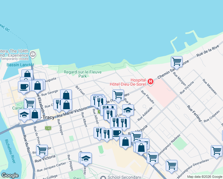 map of restaurants, bars, coffee shops, grocery stores, and more near 44 Rue du Faubourg in Sorel-Tracy