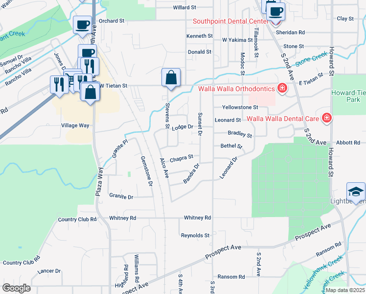 map of restaurants, bars, coffee shops, grocery stores, and more near 214 Marjorie Place in Walla Walla