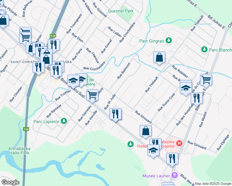 map of restaurants, bars, coffee shops, grocery stores, and more near 21 Rue St Jude in Victoriaville