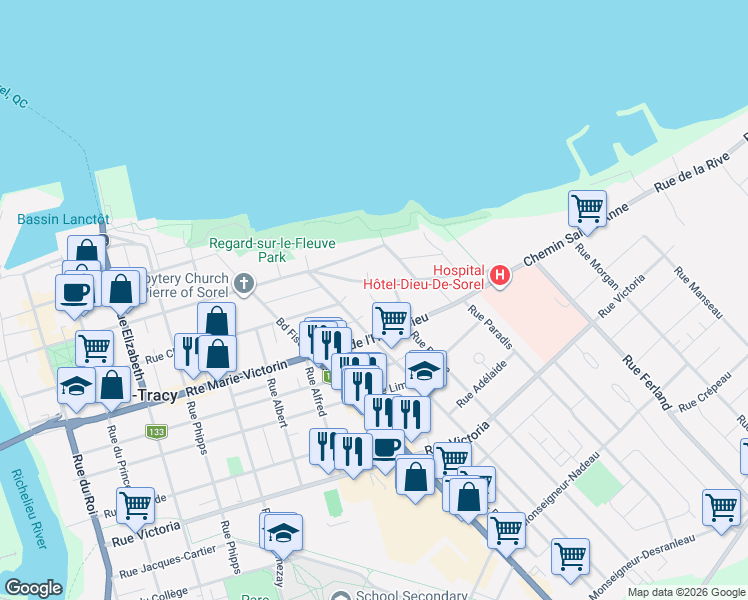 map of restaurants, bars, coffee shops, grocery stores, and more near 44 Rue du Faubourg in Sorel-Tracy