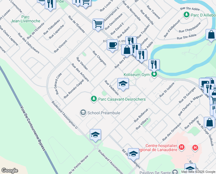 map of restaurants, bars, coffee shops, grocery stores, and more near 22 Rue Vadenais in Saint-Charles-Borromée