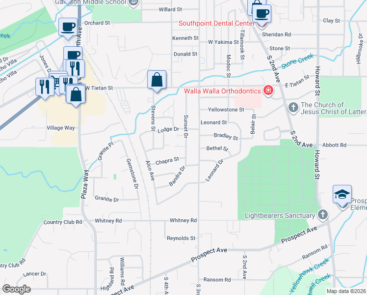 map of restaurants, bars, coffee shops, grocery stores, and more near 1915 Sunset Drive in Walla Walla