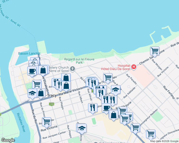 map of restaurants, bars, coffee shops, grocery stores, and more near 30 Rue Bernard in Sorel-Tracy