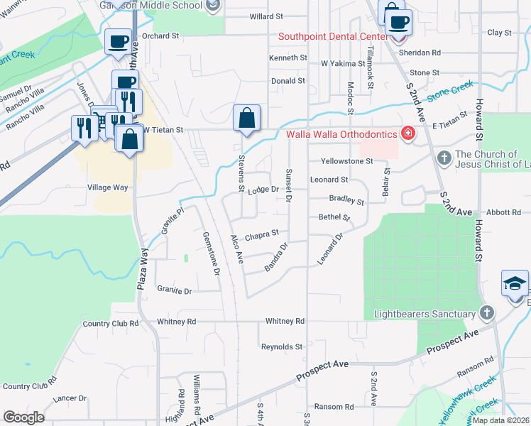 map of restaurants, bars, coffee shops, grocery stores, and more near 217 Marjorie Place in Walla Walla