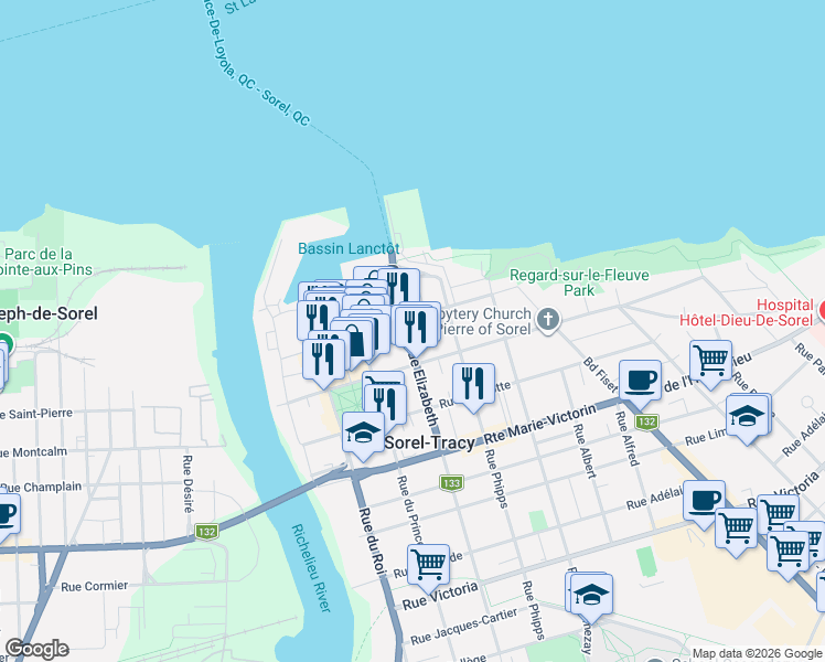 map of restaurants, bars, coffee shops, grocery stores, and more near 39 Rue Elizabeth in Sorel-Tracy
