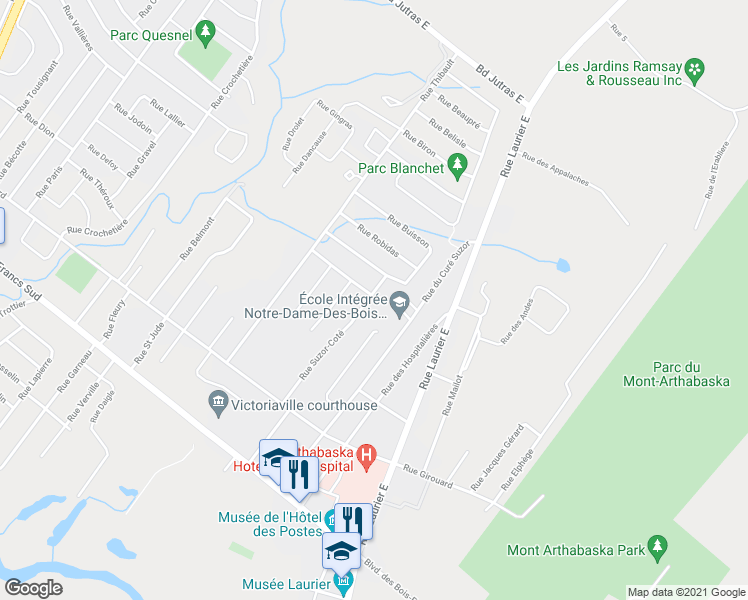 map of restaurants, bars, coffee shops, grocery stores, and more near 133 Rue Suzor Coté in Victoriaville