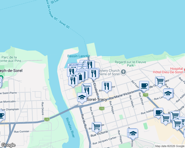 map of restaurants, bars, coffee shops, grocery stores, and more near 39 Rue Elizabeth in Sorel-Tracy