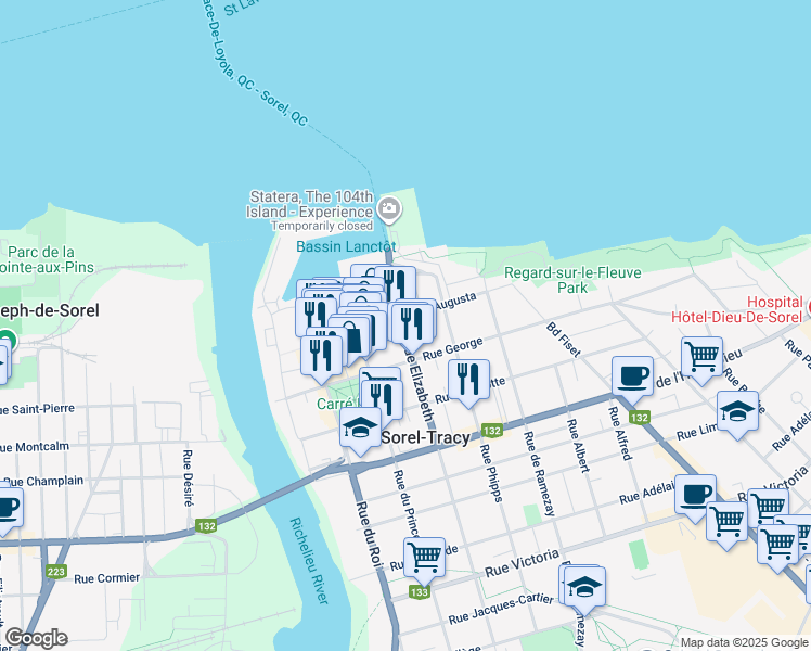 map of restaurants, bars, coffee shops, grocery stores, and more near 39 Rue Elizabeth in Sorel-Tracy