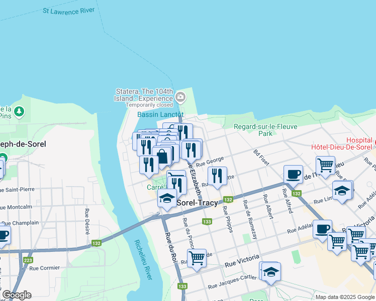 map of restaurants, bars, coffee shops, grocery stores, and more near 39 Rue Elizabeth in Sorel-Tracy