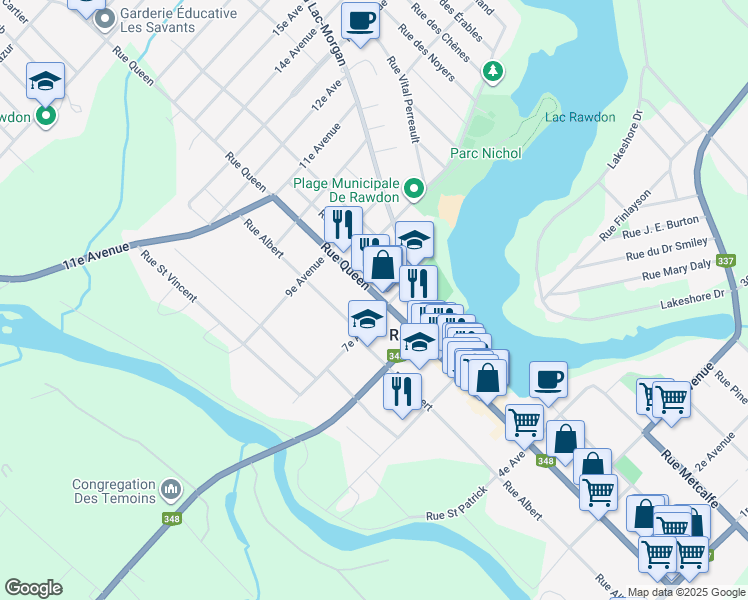 map of restaurants, bars, coffee shops, grocery stores, and more near 3791 Rue Queen in Rawdon