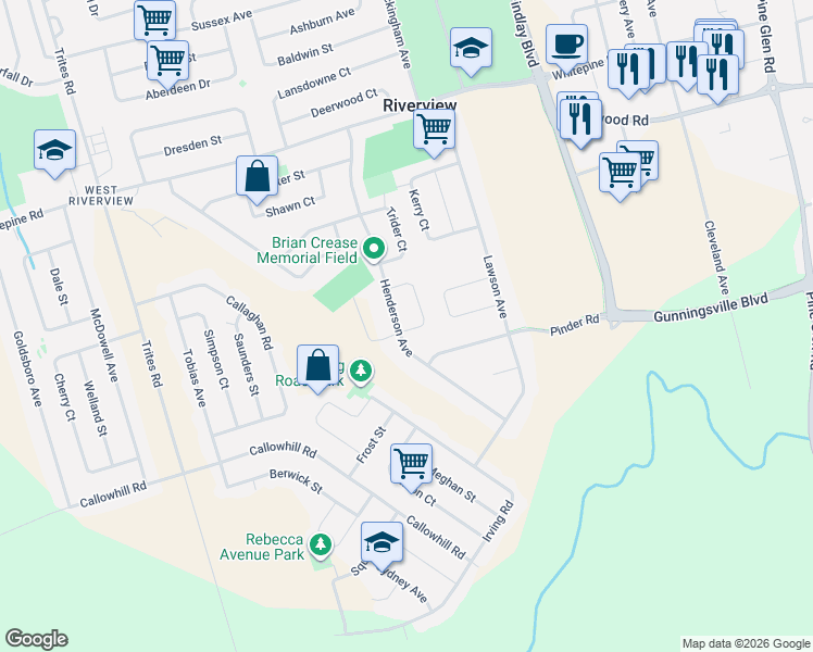 map of restaurants, bars, coffee shops, grocery stores, and more near 77 Henderson Avenue in Riverview