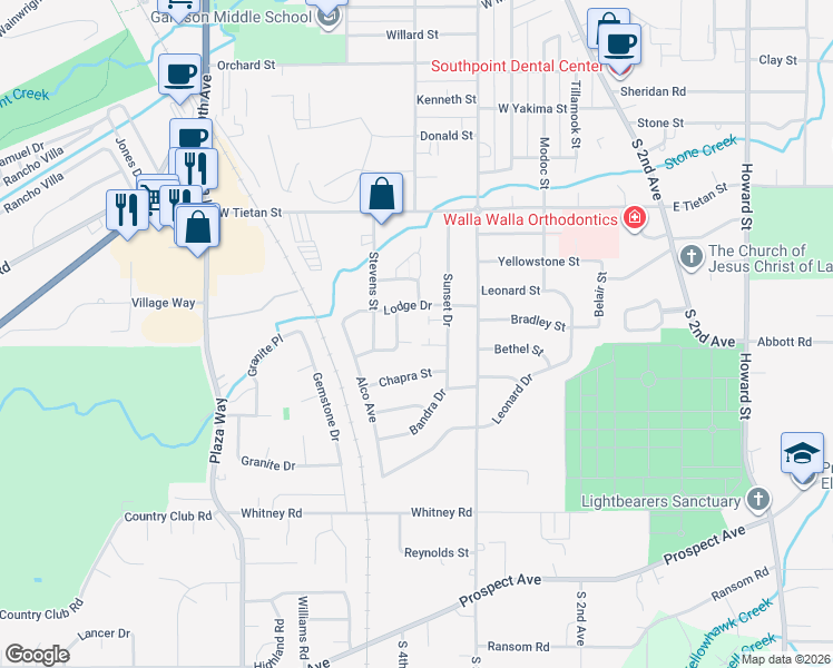 map of restaurants, bars, coffee shops, grocery stores, and more near 214 Marjorie Place in Walla Walla