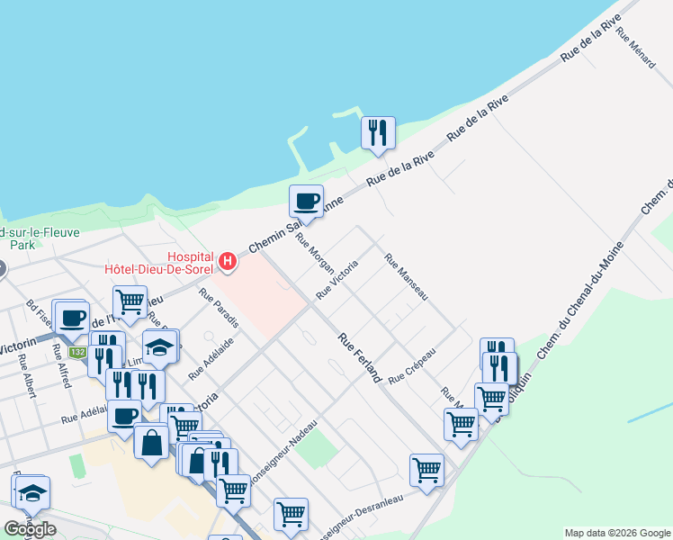 map of restaurants, bars, coffee shops, grocery stores, and more near 43 Rue Morgan in Sorel-Tracy
