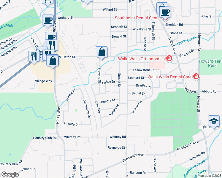 map of restaurants, bars, coffee shops, grocery stores, and more near 214 Marjorie Place in Walla Walla