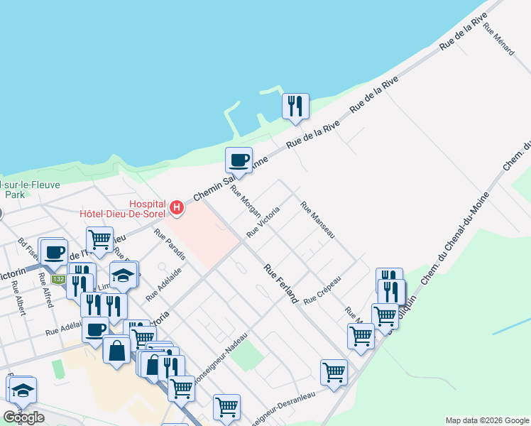 map of restaurants, bars, coffee shops, grocery stores, and more near 43 Rue Morgan in Sorel-Tracy
