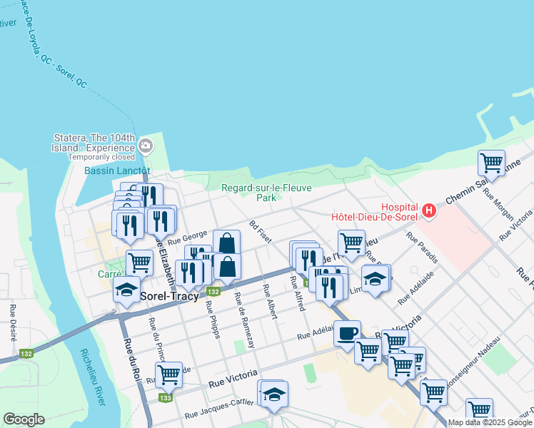 map of restaurants, bars, coffee shops, grocery stores, and more near 167 A Rue George in Sorel-Tracy