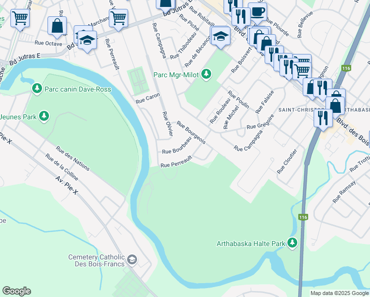 map of restaurants, bars, coffee shops, grocery stores, and more near 8 Rue Bourbeau in Victoriaville