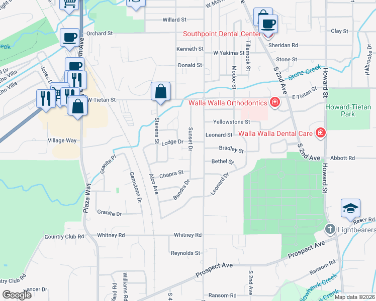map of restaurants, bars, coffee shops, grocery stores, and more near 206 Lodge Drive in Walla Walla