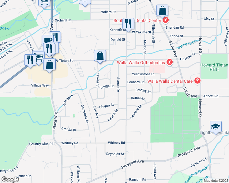 map of restaurants, bars, coffee shops, grocery stores, and more near 220 Lodge Drive in Walla Walla