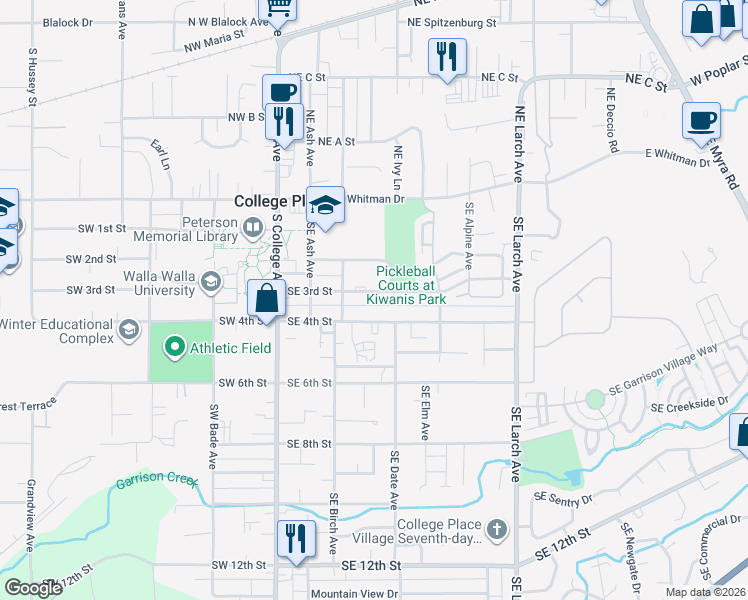 map of restaurants, bars, coffee shops, grocery stores, and more near 229 Southeast 3rd Street in College Place