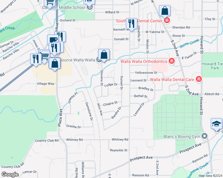 map of restaurants, bars, coffee shops, grocery stores, and more near 1905 Bernard Street in Walla Walla
