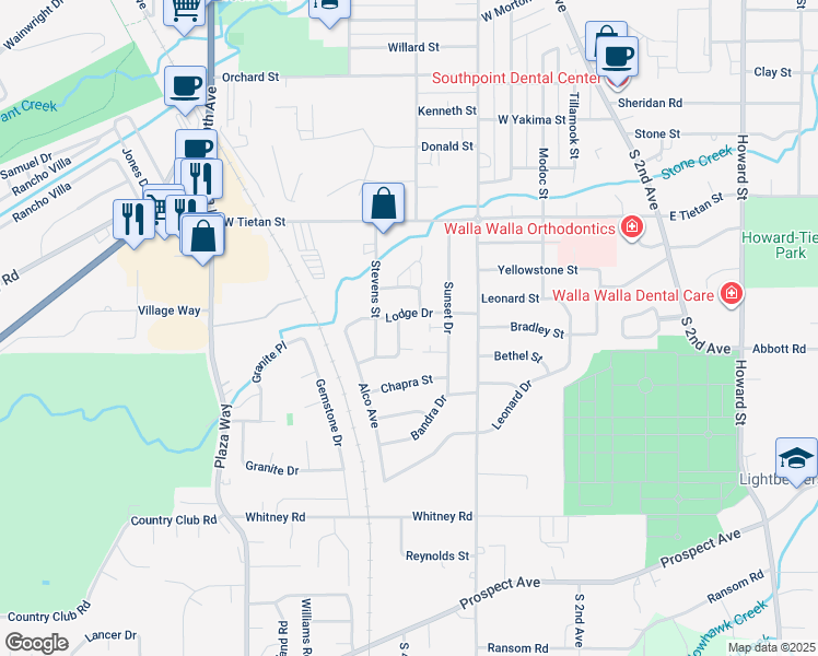 map of restaurants, bars, coffee shops, grocery stores, and more near 220 Lodge Drive in Walla Walla