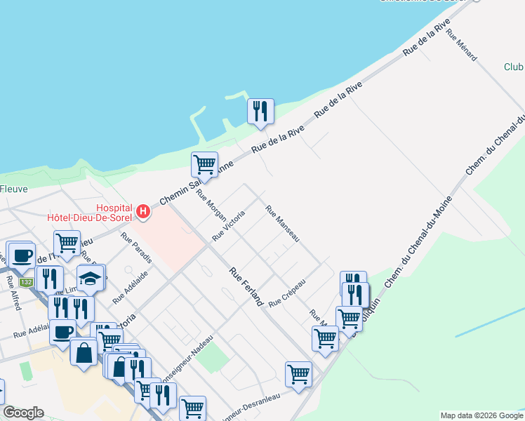 map of restaurants, bars, coffee shops, grocery stores, and more near 419 Rue Dumas in Sorel-Tracy