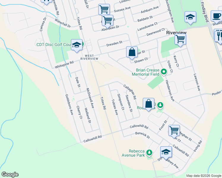 map of restaurants, bars, coffee shops, grocery stores, and more near 128 Callaghan Road in Riverview