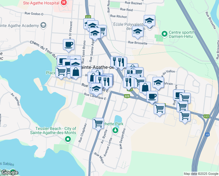 map of restaurants, bars, coffee shops, grocery stores, and more near 118 Rue Principale Est in Sainte-Agathe-des-Monts