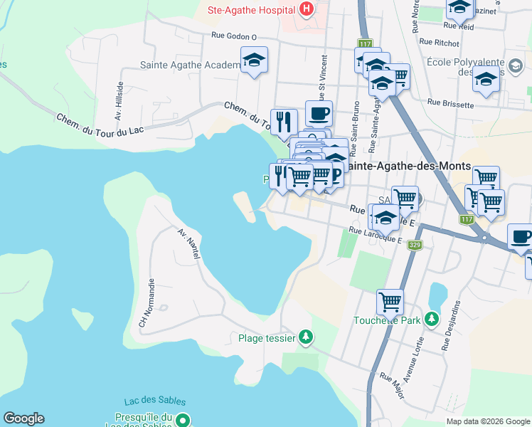 map of restaurants, bars, coffee shops, grocery stores, and more near 20 Rue Larocque Ouest in Sainte-Agathe-des-Monts