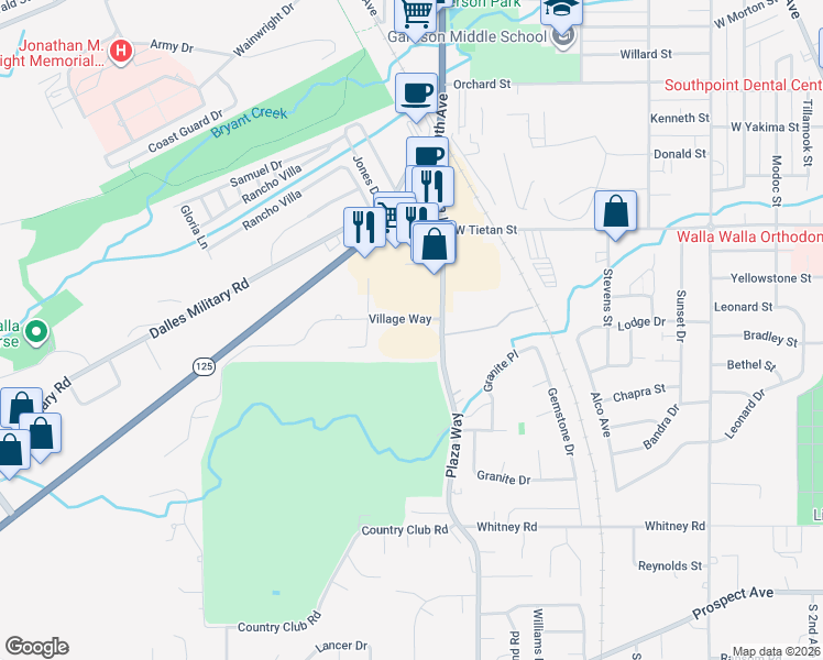 map of restaurants, bars, coffee shops, grocery stores, and more near 650 Village Way in Walla Walla