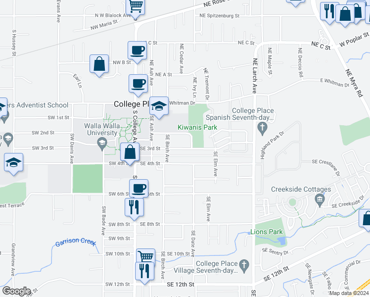 map of restaurants, bars, coffee shops, grocery stores, and more near 229 Southeast 3rd Street in College Place