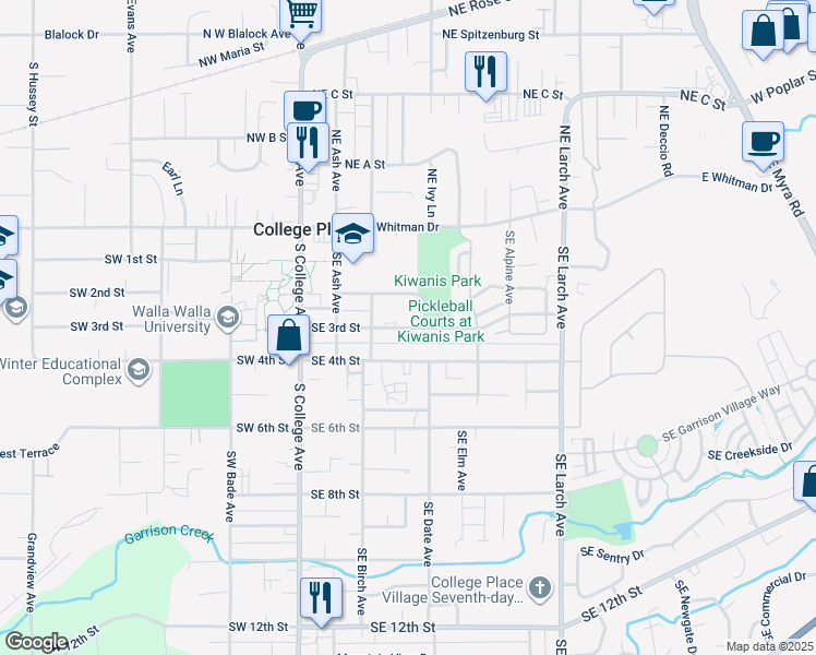 map of restaurants, bars, coffee shops, grocery stores, and more near 229 Southeast 3rd Street in College Place