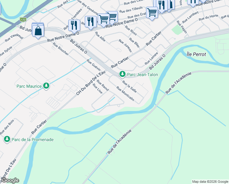 map of restaurants, bars, coffee shops, grocery stores, and more near 18 Rue Raoul in Victoriaville