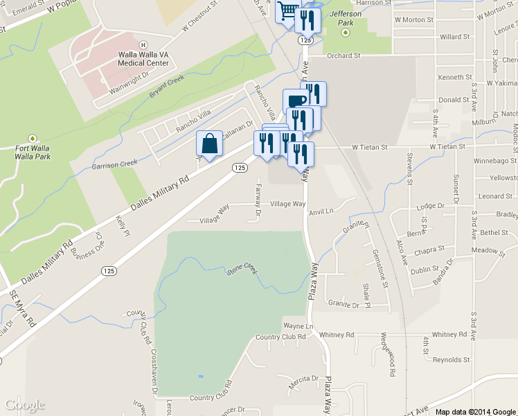 map of restaurants, bars, coffee shops, grocery stores, and more near 682 Village Way in Walla Walla