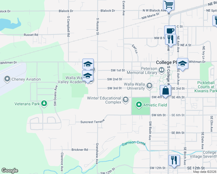 map of restaurants, bars, coffee shops, grocery stores, and more near 616 Southwest 3rd Street in College Place