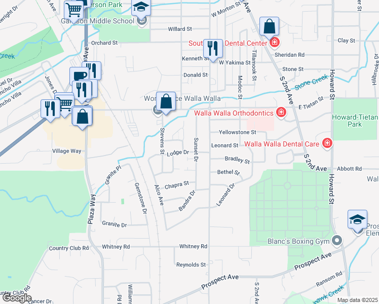 map of restaurants, bars, coffee shops, grocery stores, and more near 220 Lodge Drive in Walla Walla