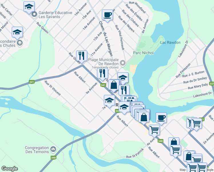 map of restaurants, bars, coffee shops, grocery stores, and more near 3822 Rue Queen in Rawdon
