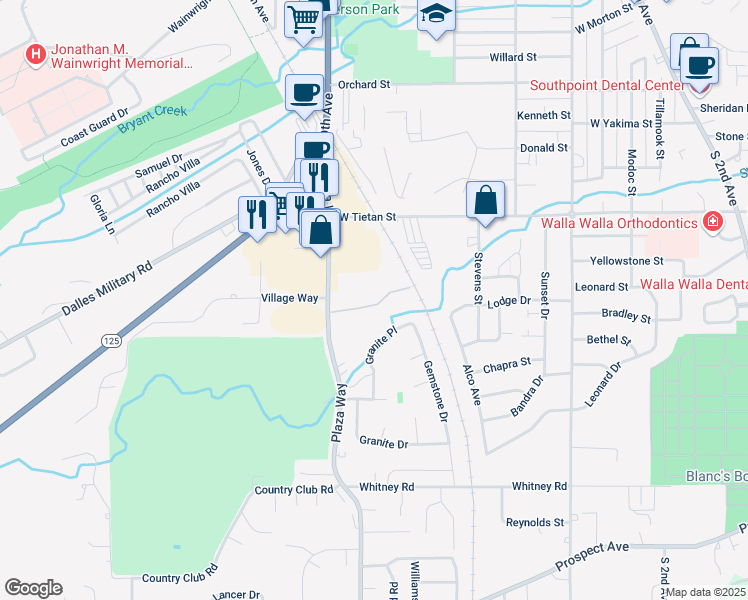 map of restaurants, bars, coffee shops, grocery stores, and more near 1809 Plaza Way in Walla Walla
