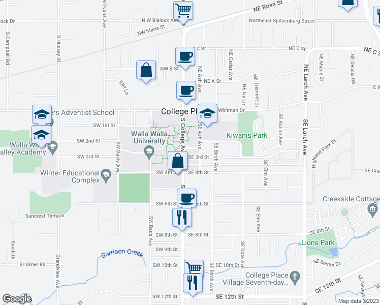 map of restaurants, bars, coffee shops, grocery stores, and more near 295 South College Avenue in College Place