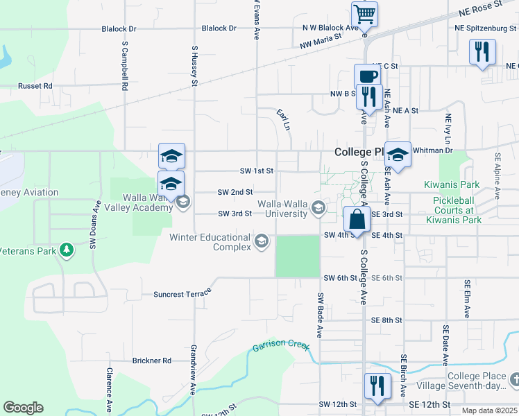 map of restaurants, bars, coffee shops, grocery stores, and more near 424 Southwest 3rd Street in College Place