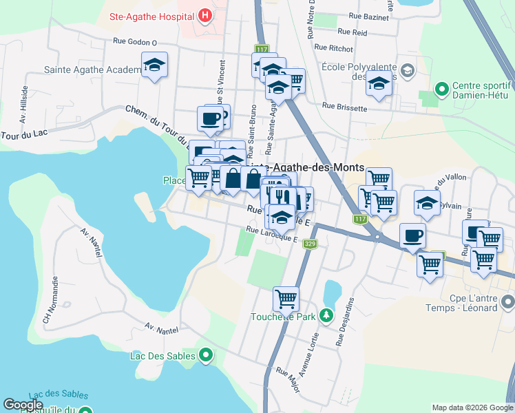 map of restaurants, bars, coffee shops, grocery stores, and more near 50 Rue Principale Est in Sainte-Agathe-des-Monts