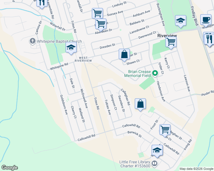 map of restaurants, bars, coffee shops, grocery stores, and more near 128 Callaghan Road in Riverview