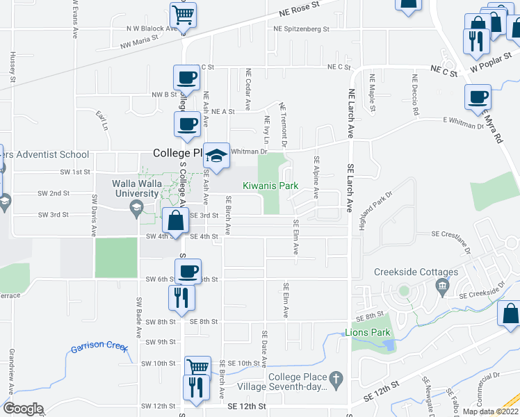 map of restaurants, bars, coffee shops, grocery stores, and more near 229 Southeast 3rd Street in College Place