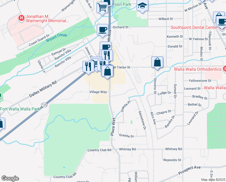map of restaurants, bars, coffee shops, grocery stores, and more near 1795 Plaza Way in Walla Walla